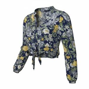 RACHEL Rachel Roy Navy Floral Tie-Front Blouse with Yellow and White Flowers